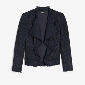 NEW EXPRESS $138 NAVY BLUE DRAPED BOUCLE BLAZER JACKET SZ XS EXTRA SMALL
